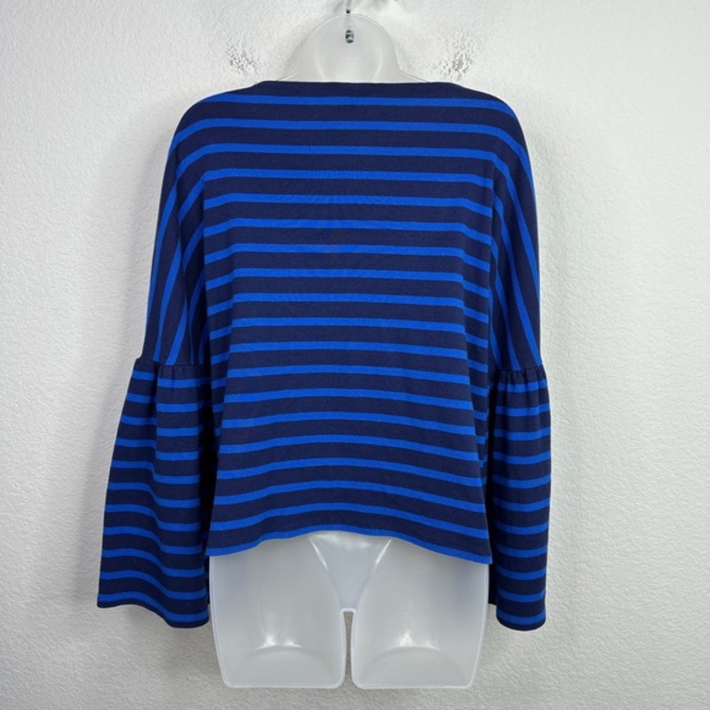 J.Crew Shirt Women Large Blue Striped Bell Sleeve Casual Preppy Coastal Nautical - Picture 2 of 8